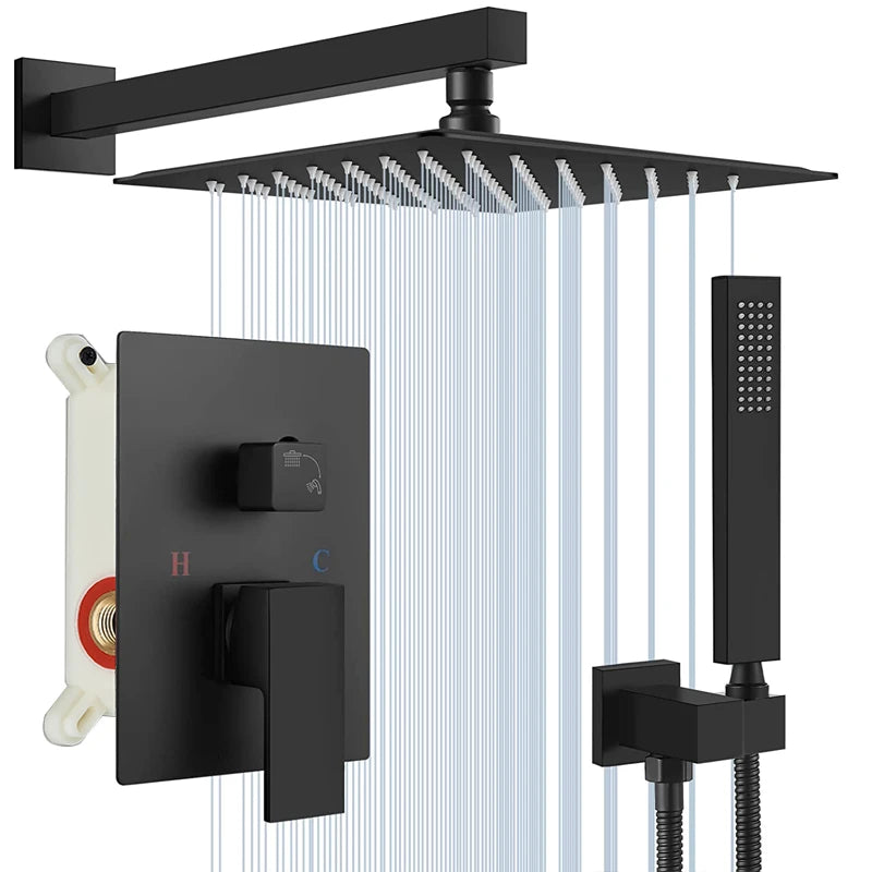 Matte Black Concealed Rainfall & Waterfall Shower System with Tub Spout