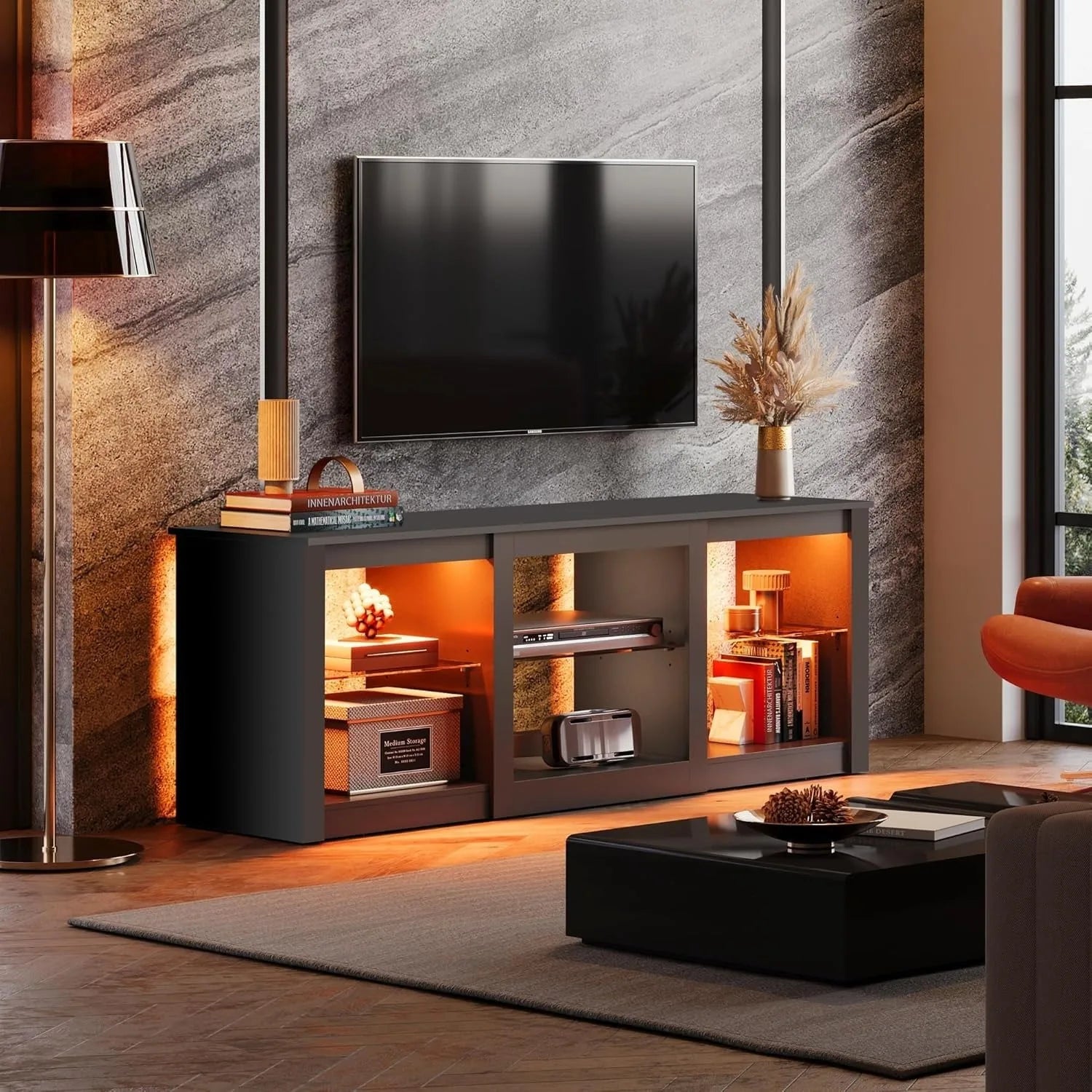 58" Wooden Modern LED TV Console With RGB Lights & Adjustable Glass Shelves Fits 65/70 Inch TV, Custom