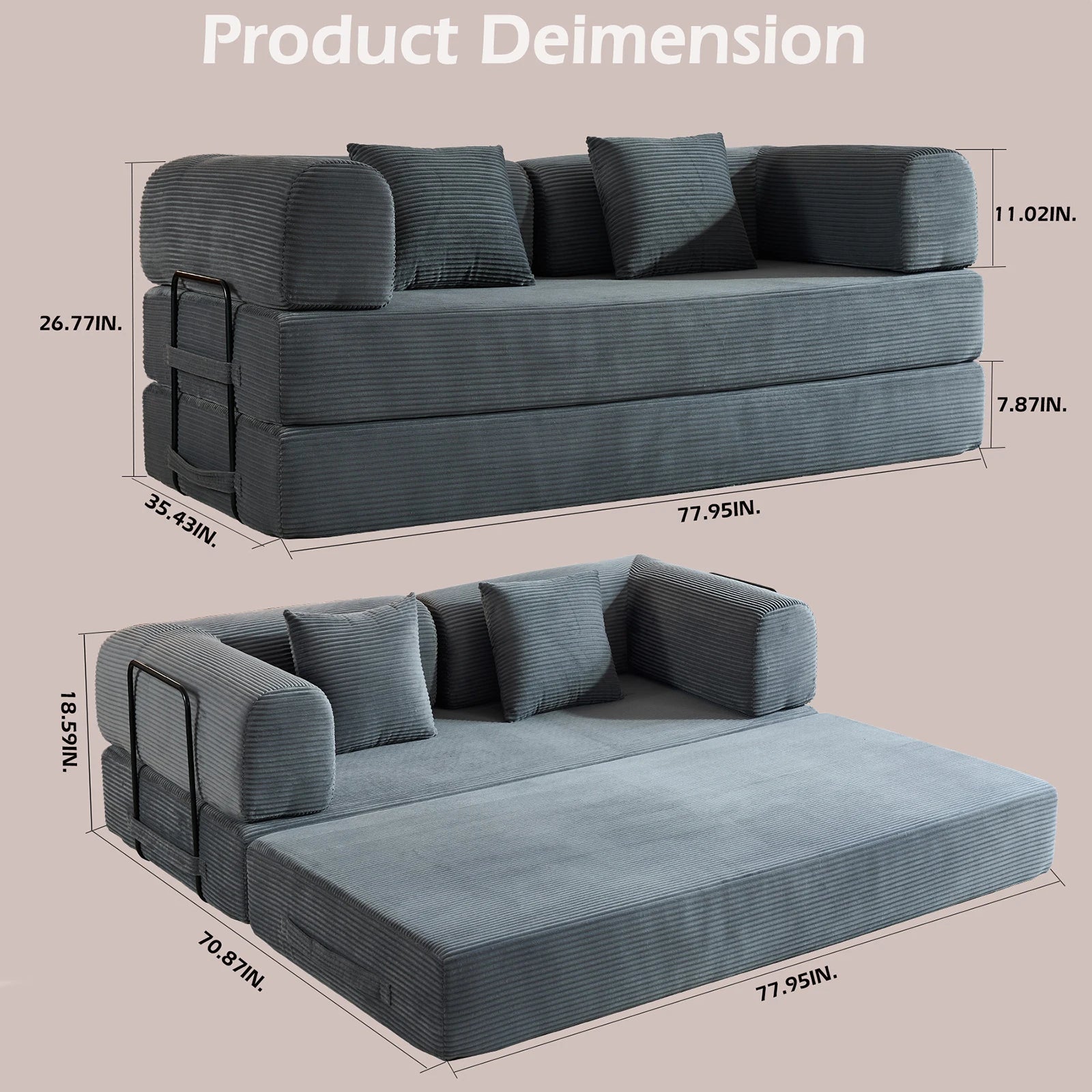 79" Folding Convertible Sofa Bed, Oversized Corduroy Futon Floor Couch, Boneless Loveseat for Small Spaces, Living Room, Bedroom