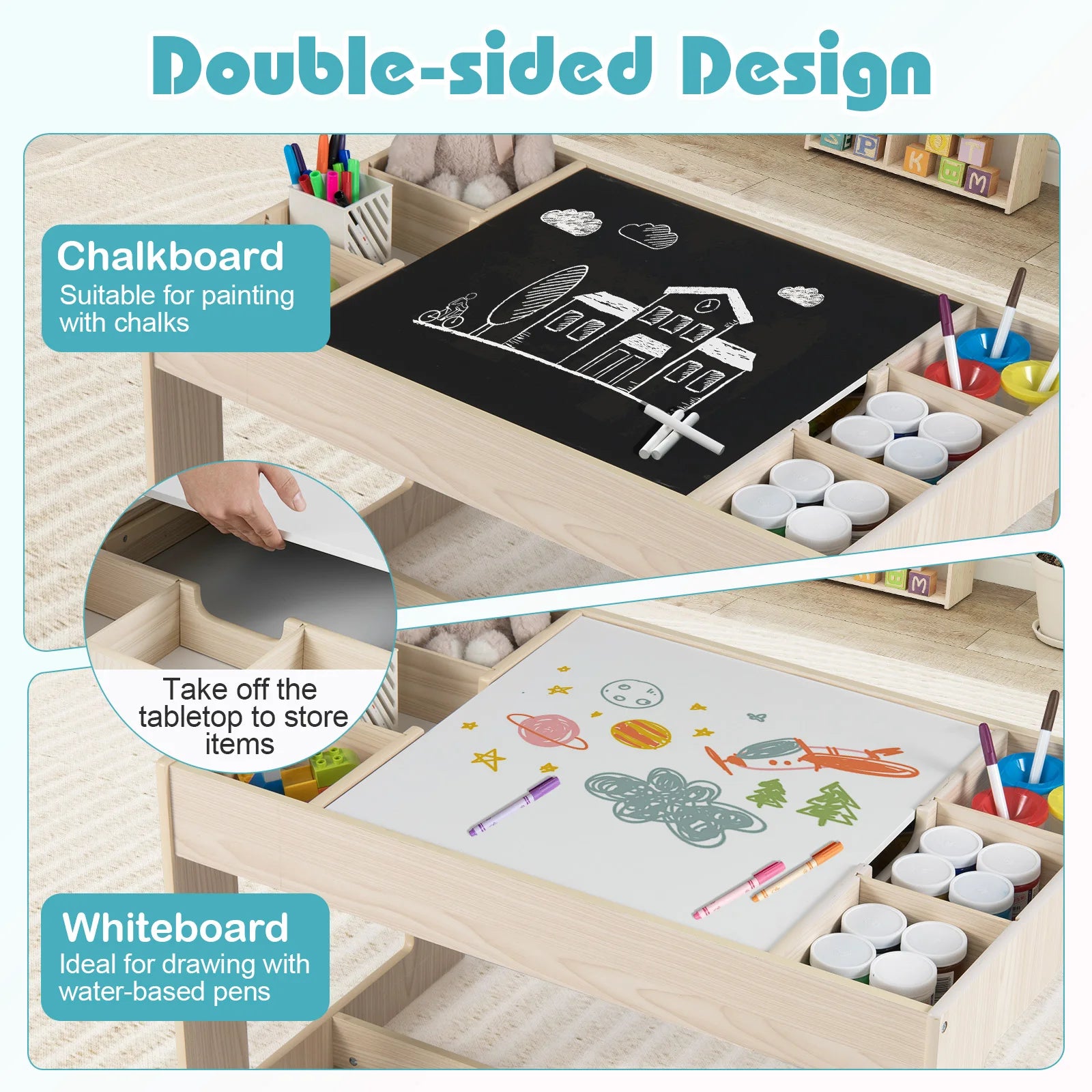 Multifunctional Kids Table & 2 Chairs Set w/ Removable Double-sized Tabletop