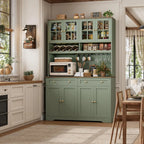 Green Kitchen Pantry & Coffee Bar Hutch with Charging Station, Glass Doors, Wine Storage & 2 Drawers