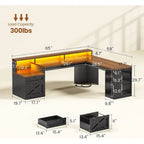 Forge Executive 65" L-Shaped Office Desk with Locking File Cabinet, LED Lighting & Power Station
