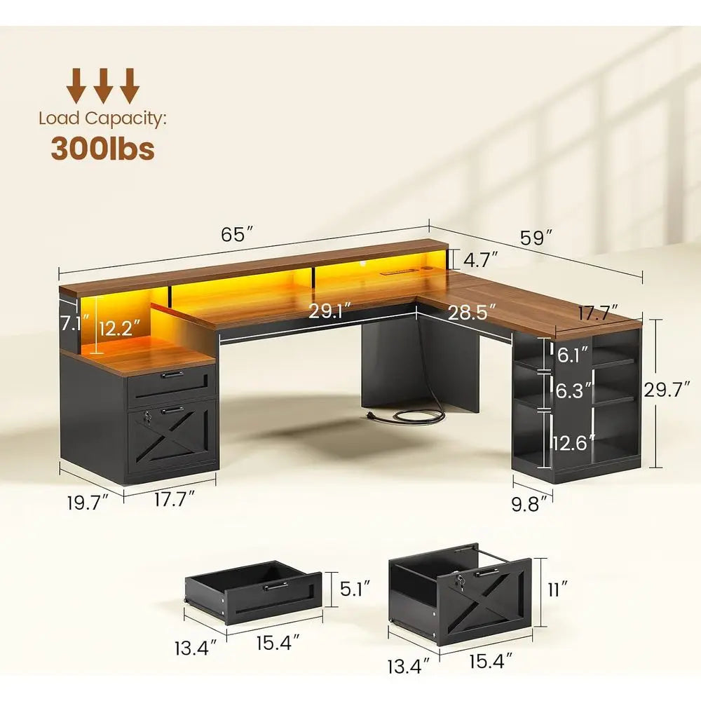 Forge Executive 65" L-Shaped Office Desk with Locking File Cabinet, LED Lighting & Power Station
