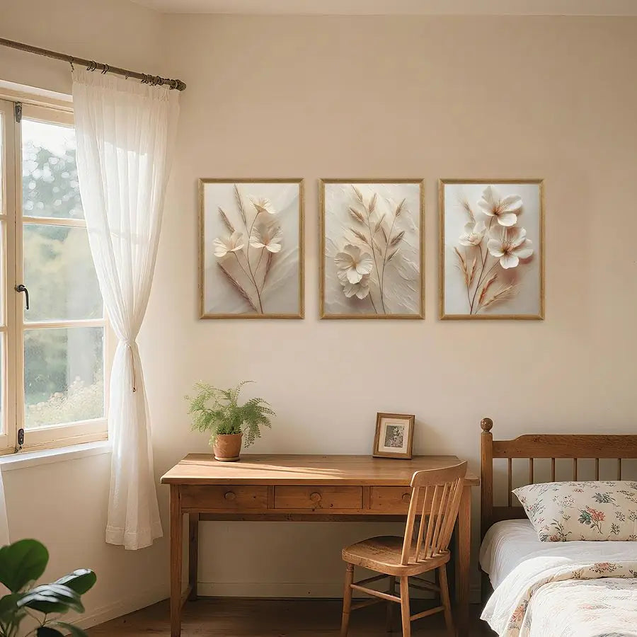Wildflower Meadow Neutral Floral Canvas Wall Art Set – 3 Piece
