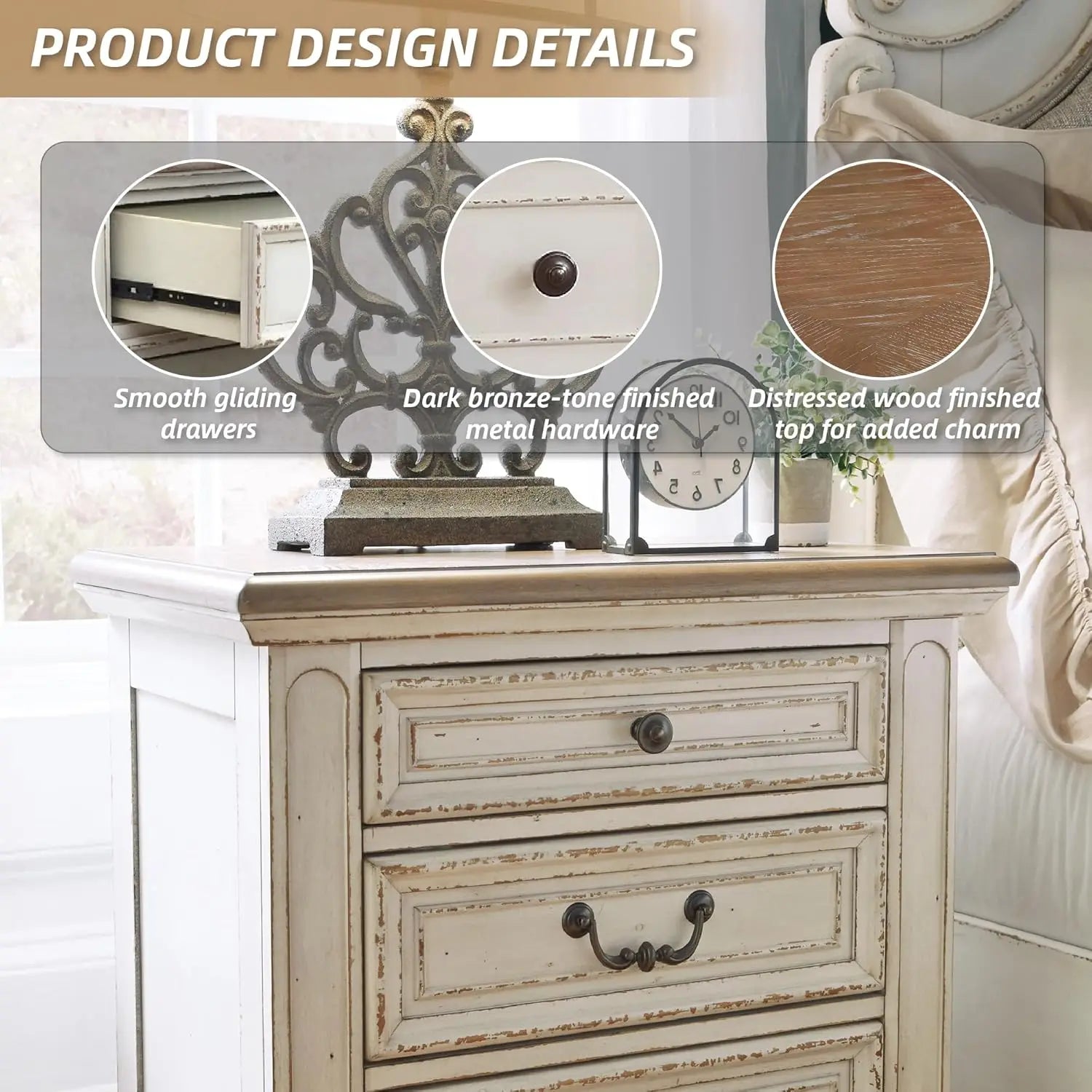 Realyn French Country 3-Drawer Nightstand with Charging Station