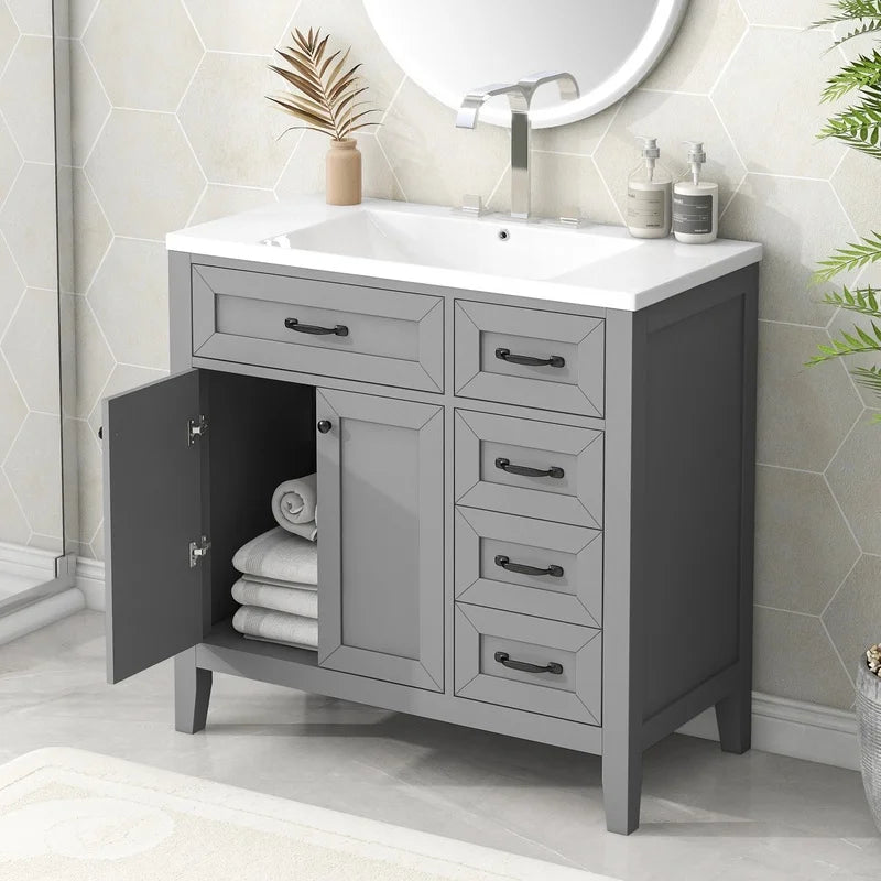 36" Grey Bathroom Vanity with Sink and Drawers, Solid Frame MDF Cabinet