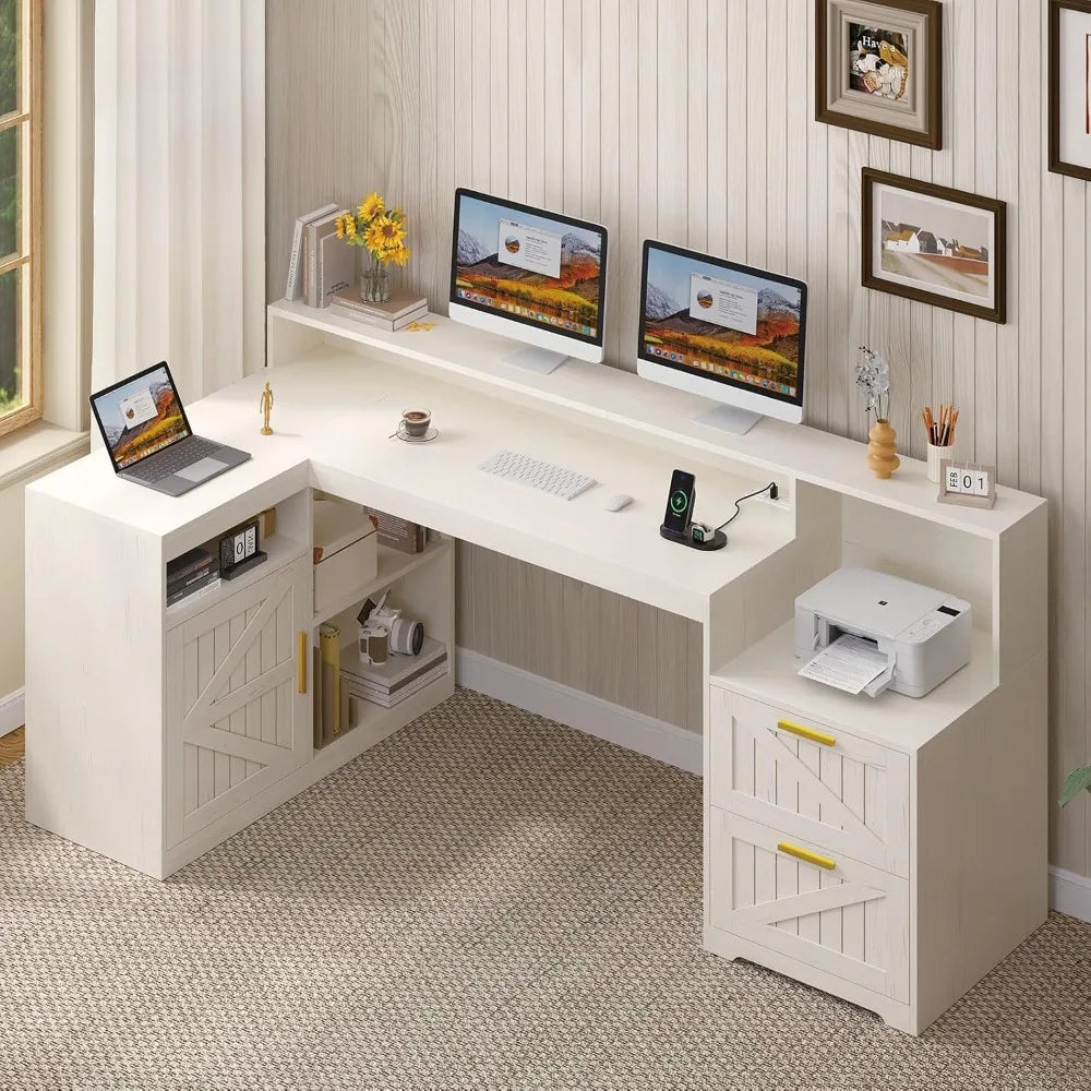 Heritage Farmhouse 62" L-Shaped Executive Desk with Storage & Power Station