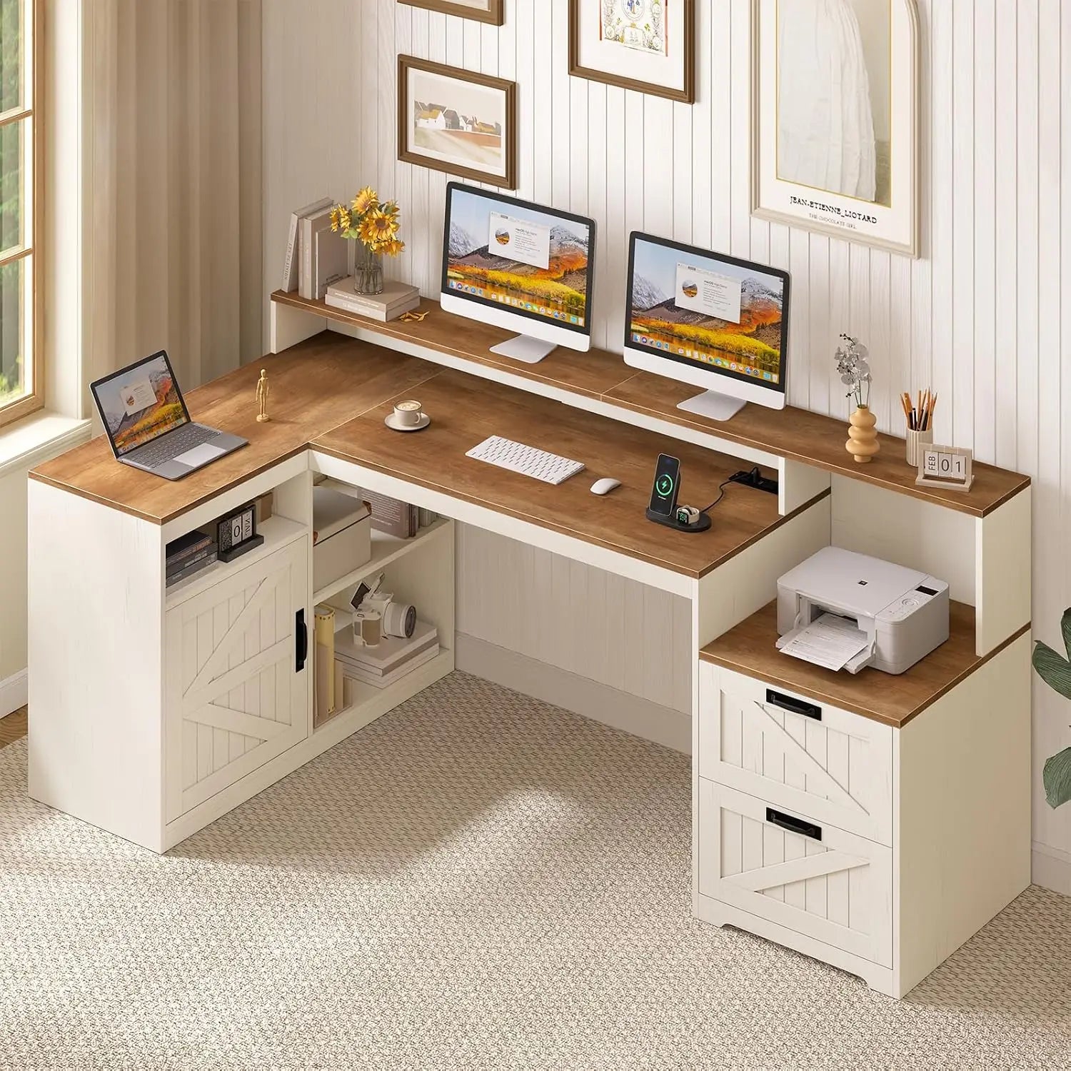 Heritage Farmhouse 62" L-Shaped Executive Desk with Storage & Power Station