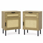 Rattan Nightstand Set of 2 with Drawer and Storage Cabinet