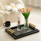 Noir Luxe Decorative Serving Tray Set with Gold Handles – 2 Piece