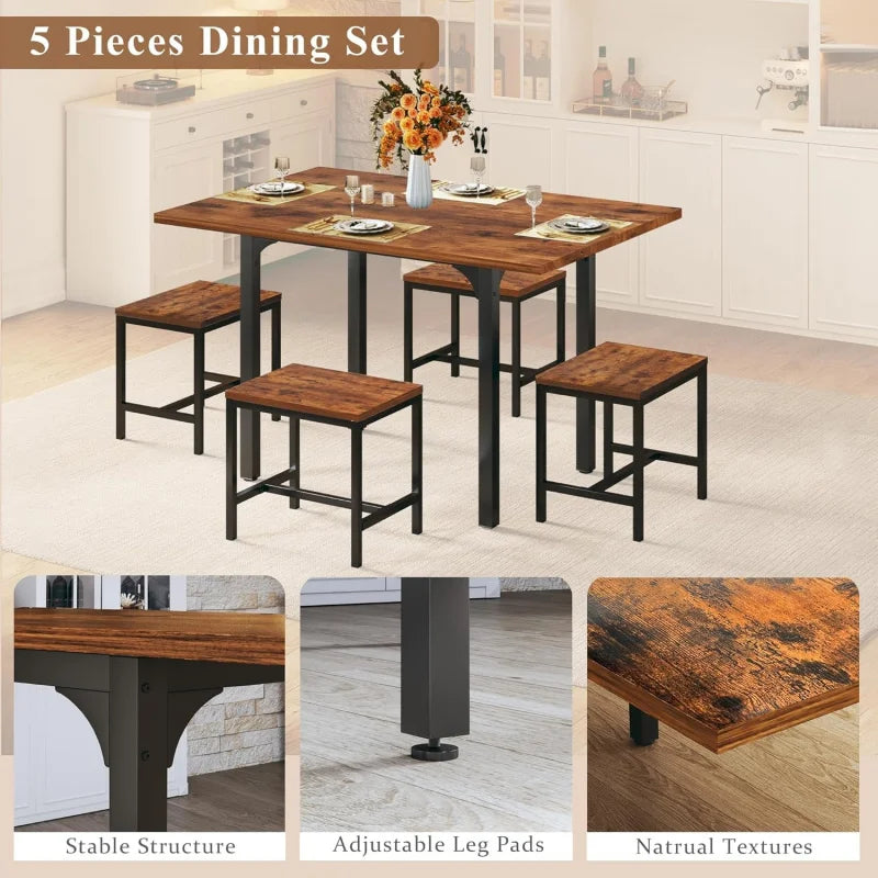 Extendable Kitchen Table Chairs Set of 4,  Compact Kitchen Table and 4 Stools Small Space,