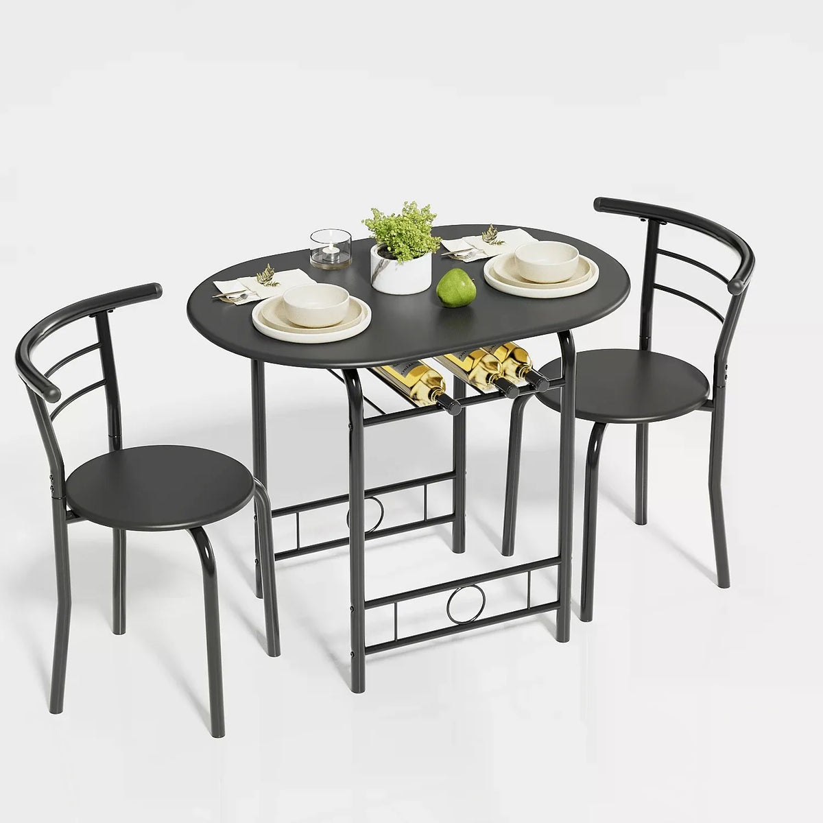Round Dining Table & Chair Set with Wine Storage