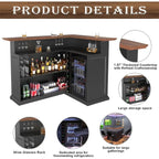 L-Shaped Home Bar Cabinet with Fridge Space, Wine Storage & Solid Wood Countertop