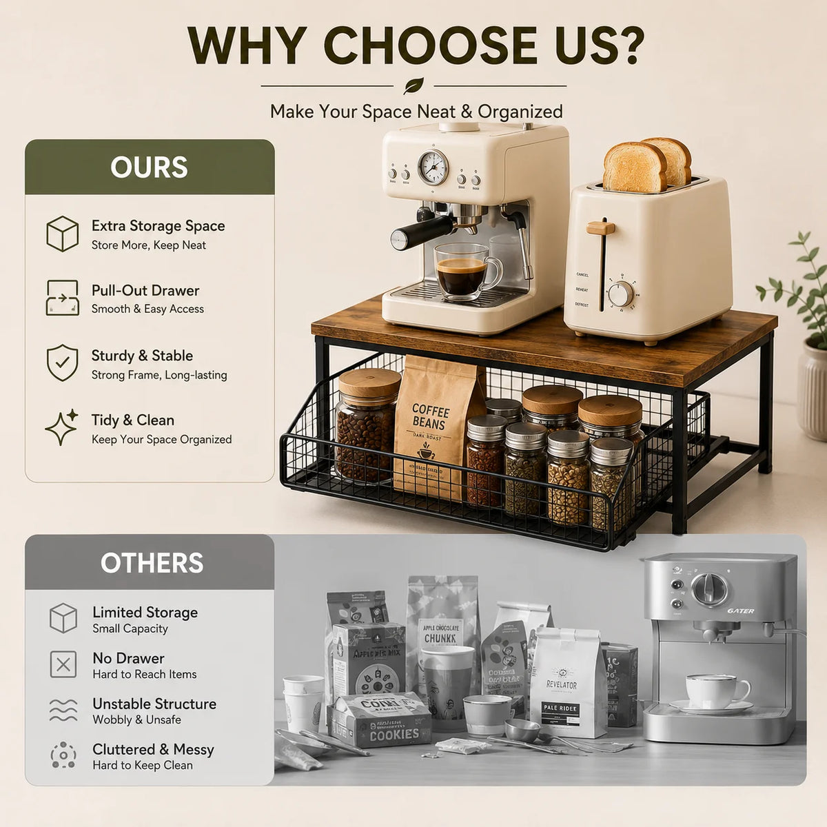 Rustic Pull-Out Countertop Organizer with Sliding Basket