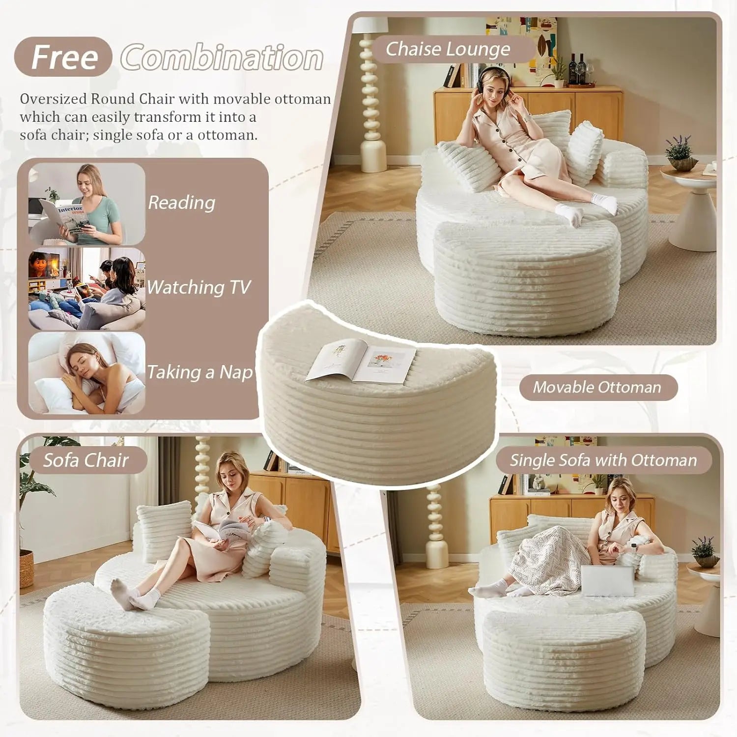 CloudNest Round Corduroy Chaise Lounge with Ottoman