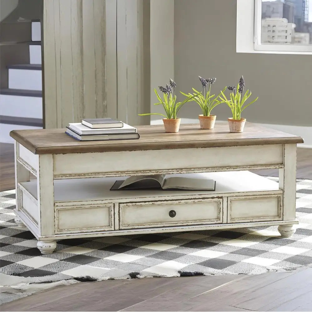 Realyn Vintage Farmhouse Lift-Top Coffee Table with Storage Drawer