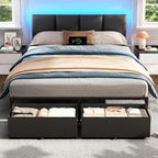 Queen Bed Frame with PU Upholstered Headboard and Charging Station | Metal Platform Bed with 2 Fabric Underbed Storage Drawers a