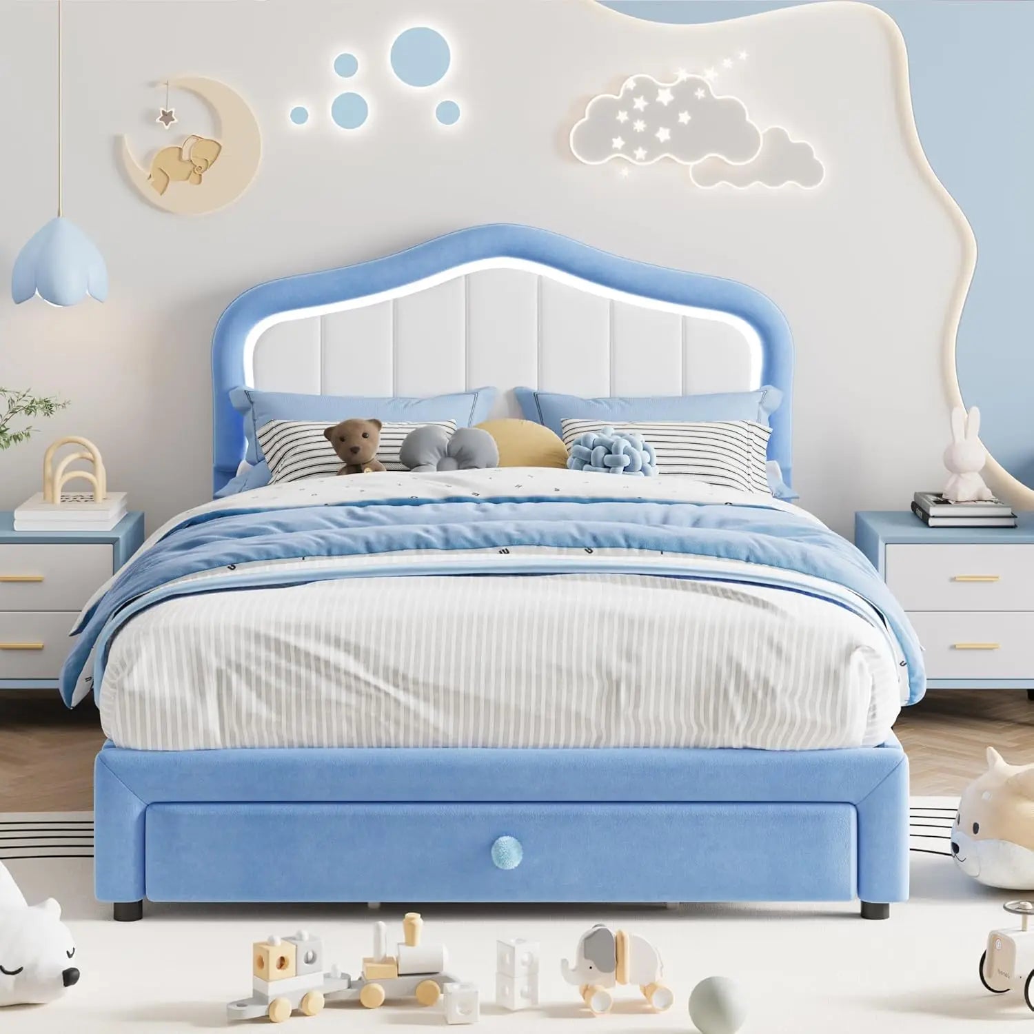 Kids Upholstered Bed Frame with LED Crown Headboard, Velvet Fabric and Metal-Wood Construction, Modern Princess Style Platform B