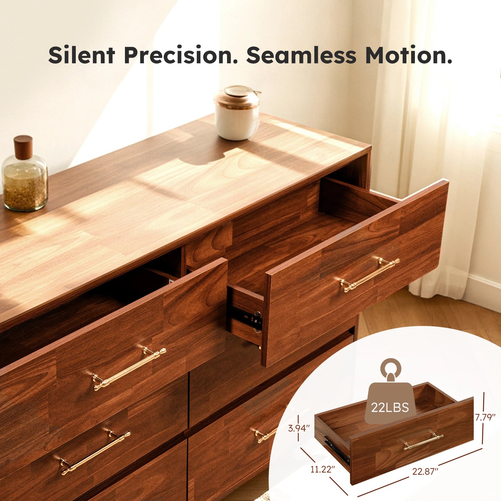 Walnut Modern Wood Dresser – 6 Drawer Storage Cabinet
