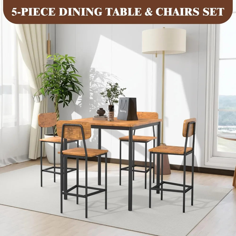 5 Piece Dining Table Set with 4 Chairs, Industrial Space Saving Kitchen Dinette for Apartment, Brown