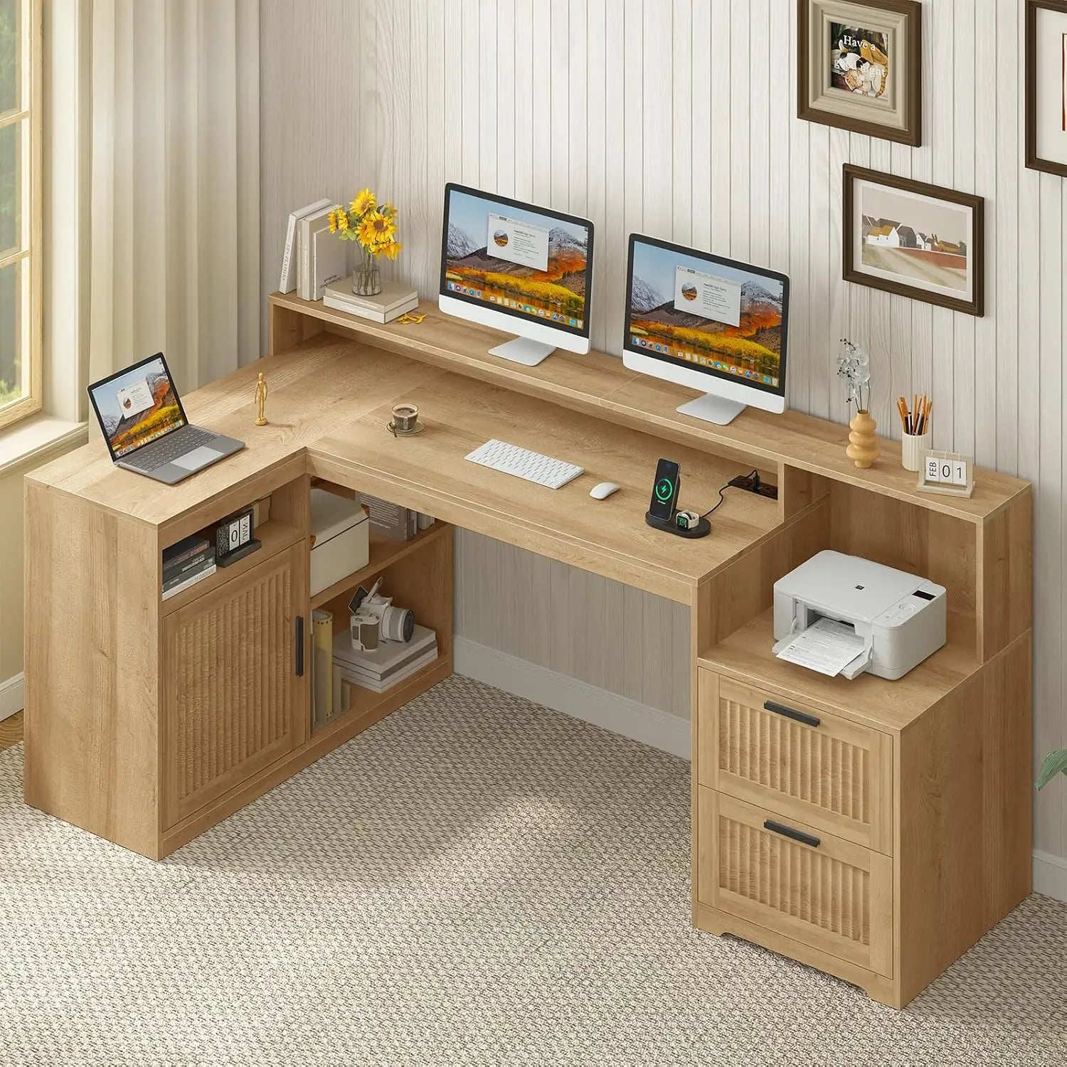 Heritage Farmhouse 62" L-Shaped Executive Desk with Storage & Power Station