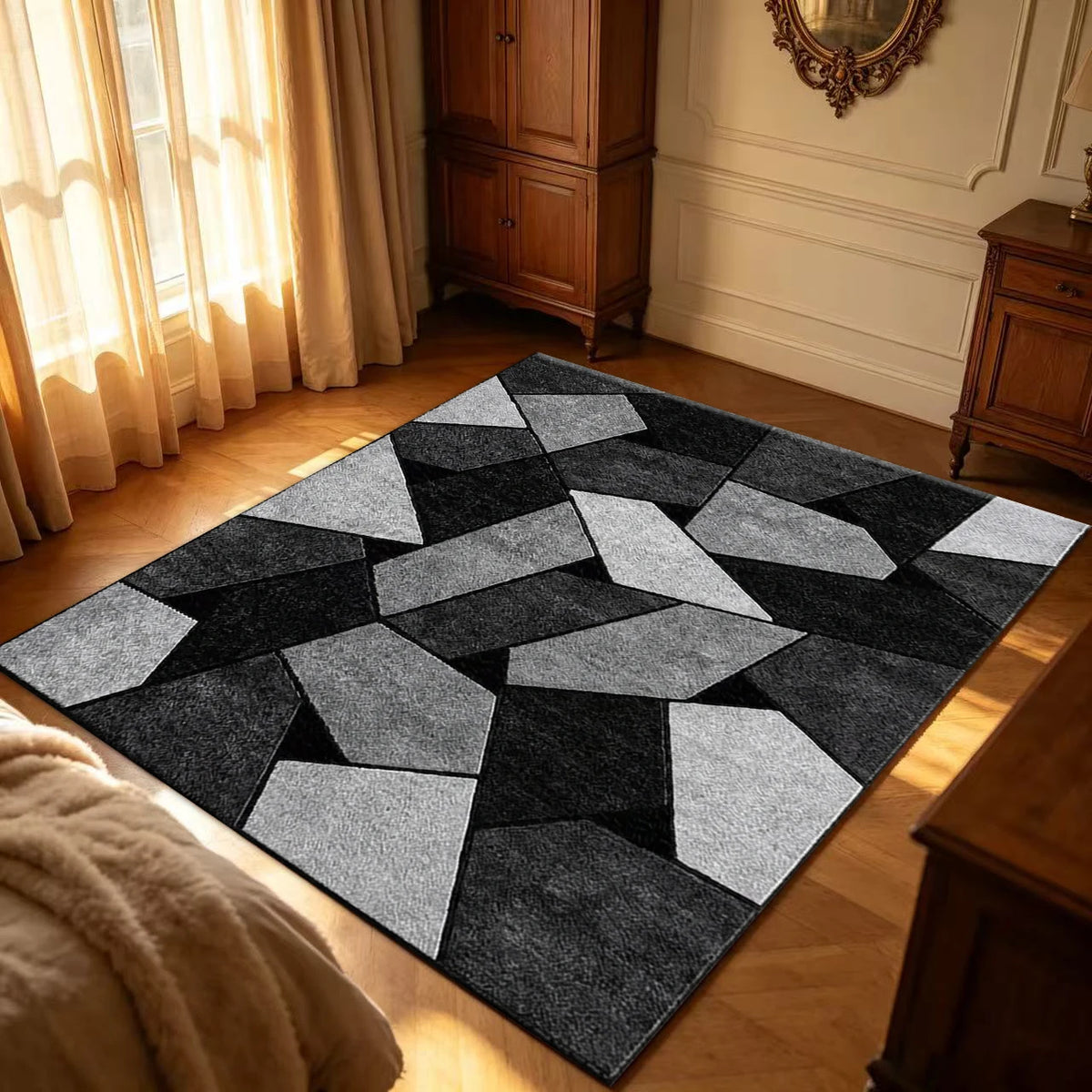 Modern Abstract Geometric Area Rug Black Grey Splicing Block Carpet for Living Room Bedroom Home Decor Floor Mat