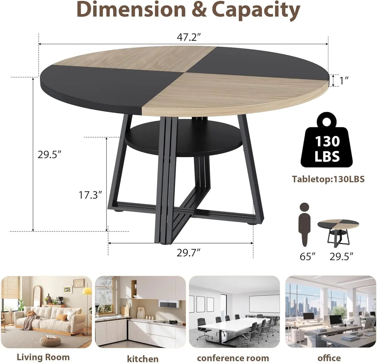 Farmhouse Round Dining Table with Open Storage Shelf & Reinforced Metal Cross Base