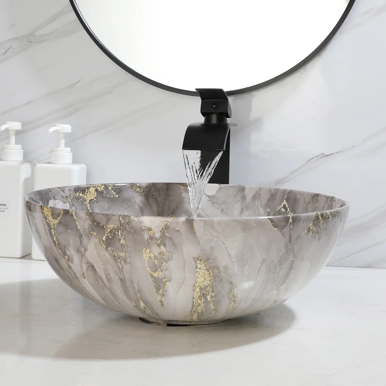Aurora Luxe Marbled Ceramic Vessel Sink with Matte Black Waterfall Faucet Set