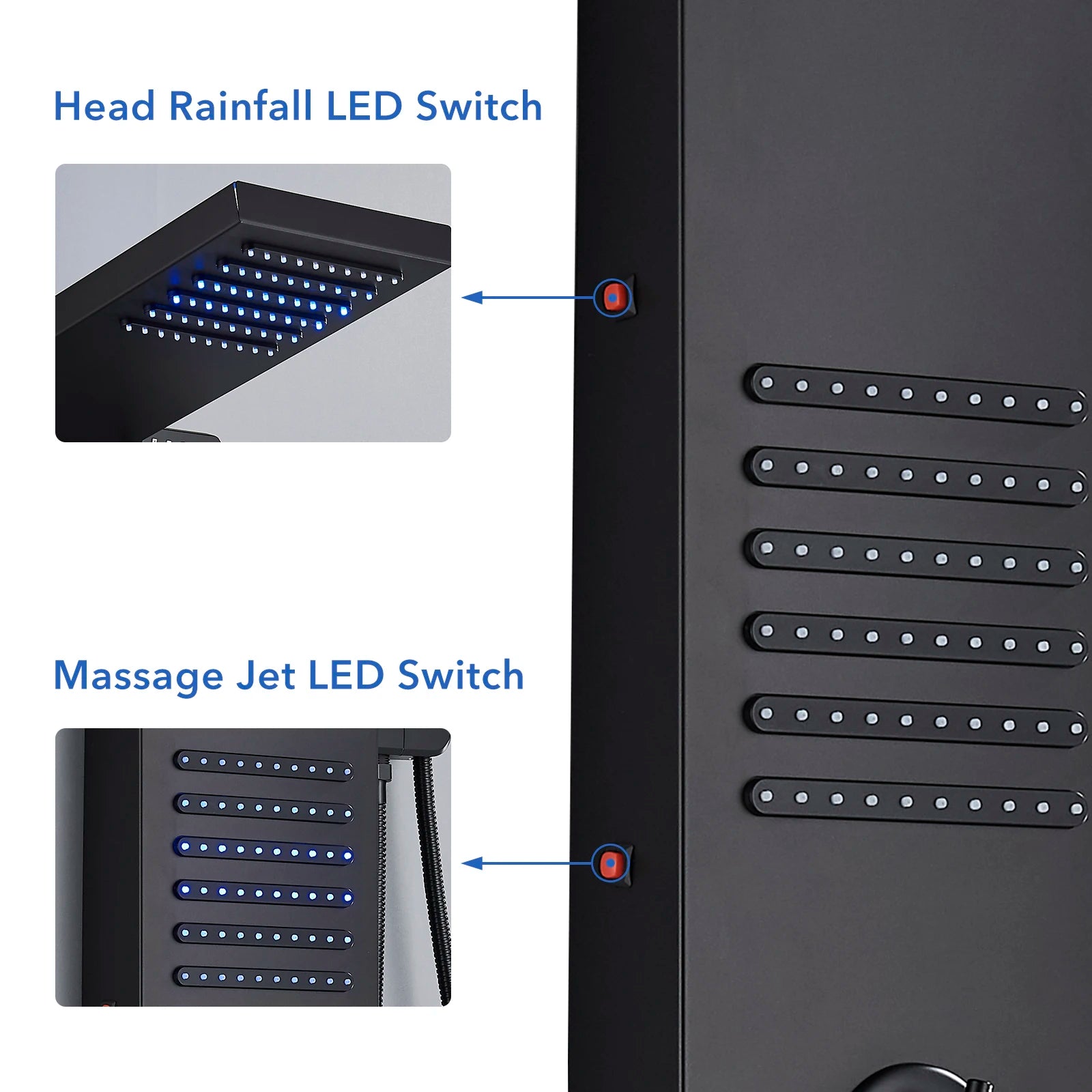 Cascade Elite LED Shower Panel Tower System with Rainfall, Waterfall & SPA Massage Jets