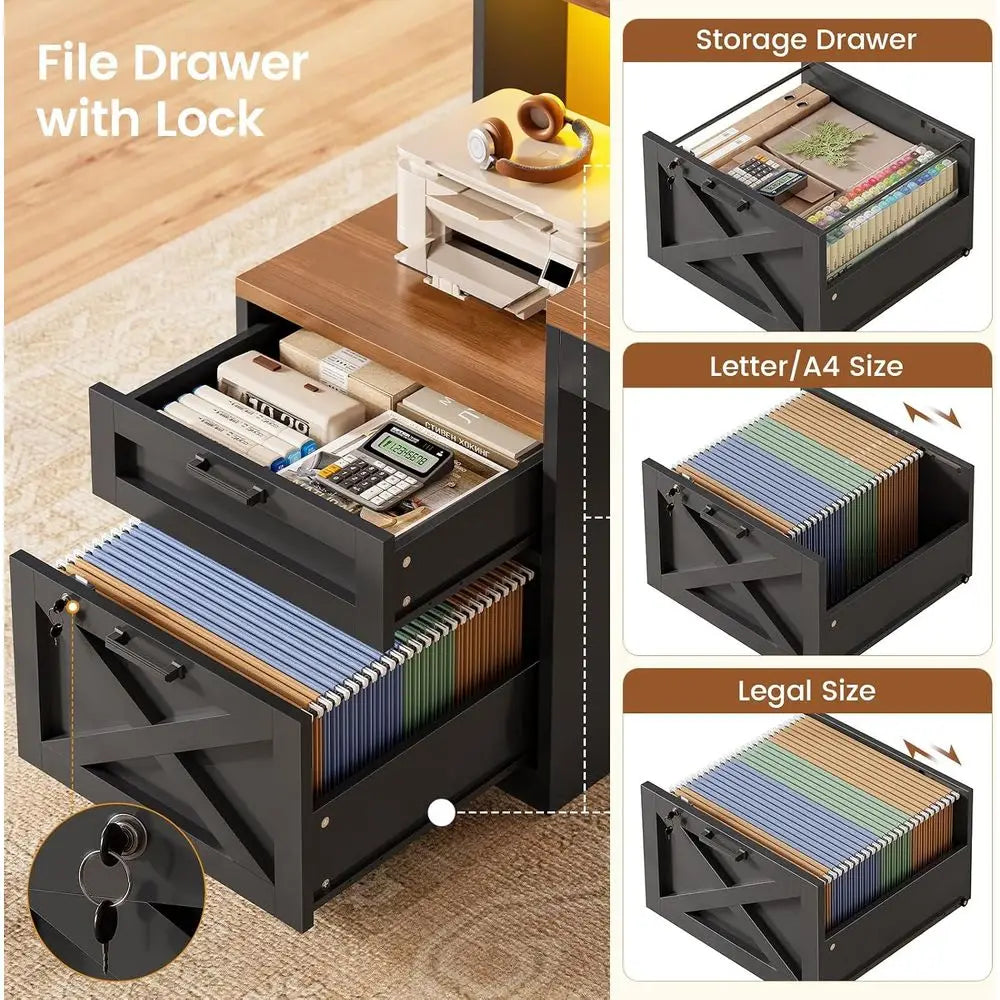 Forge Executive 65" L-Shaped Office Desk with Locking File Cabinet, LED Lighting & Power Station