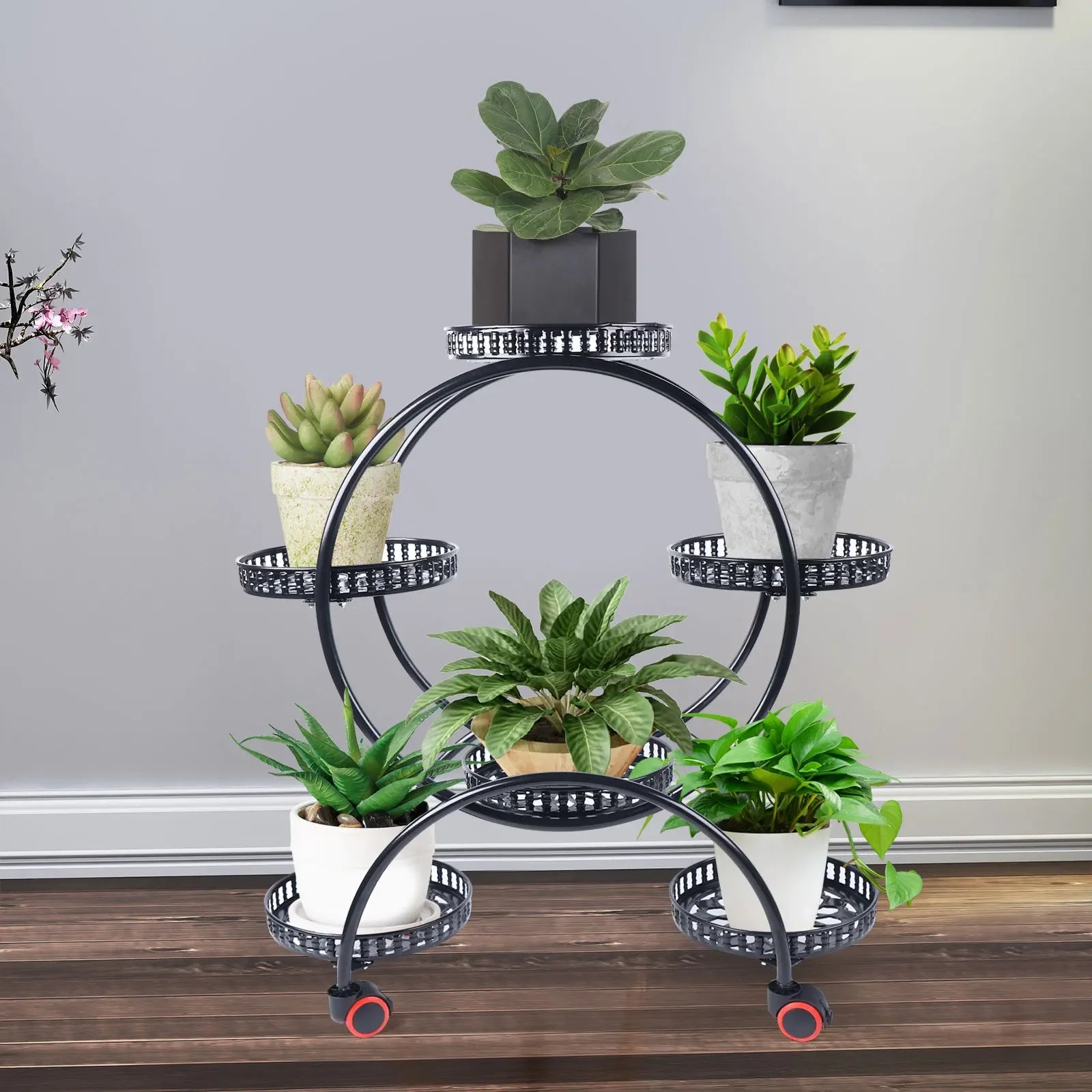 HavenHarbor 6-Pot Rolling Metal Plant Stand – Indoor & Outdoor Multi-Tier Flower Display Rack