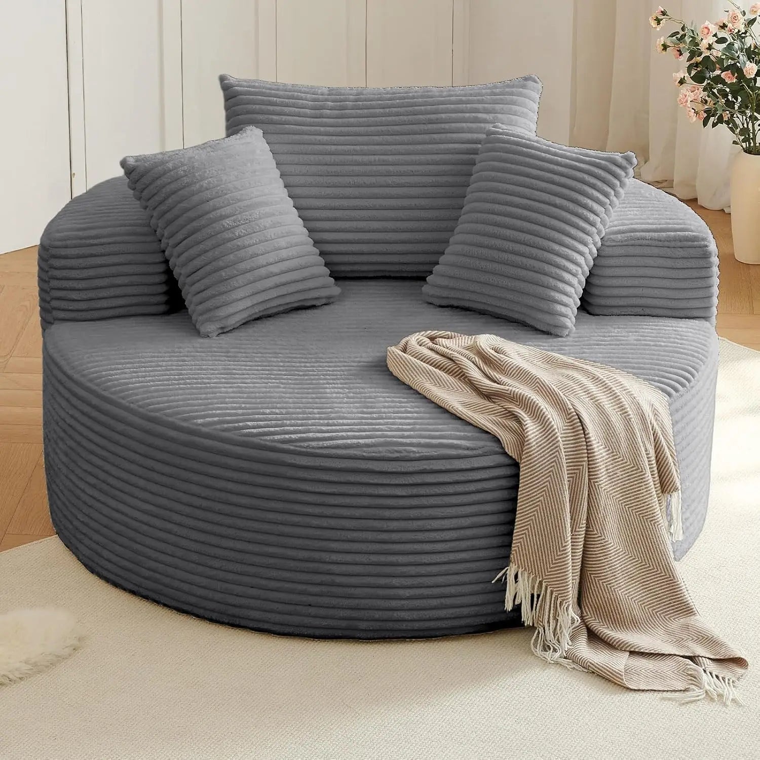 CloudNest Round Corduroy Chaise Lounge with Ottoman