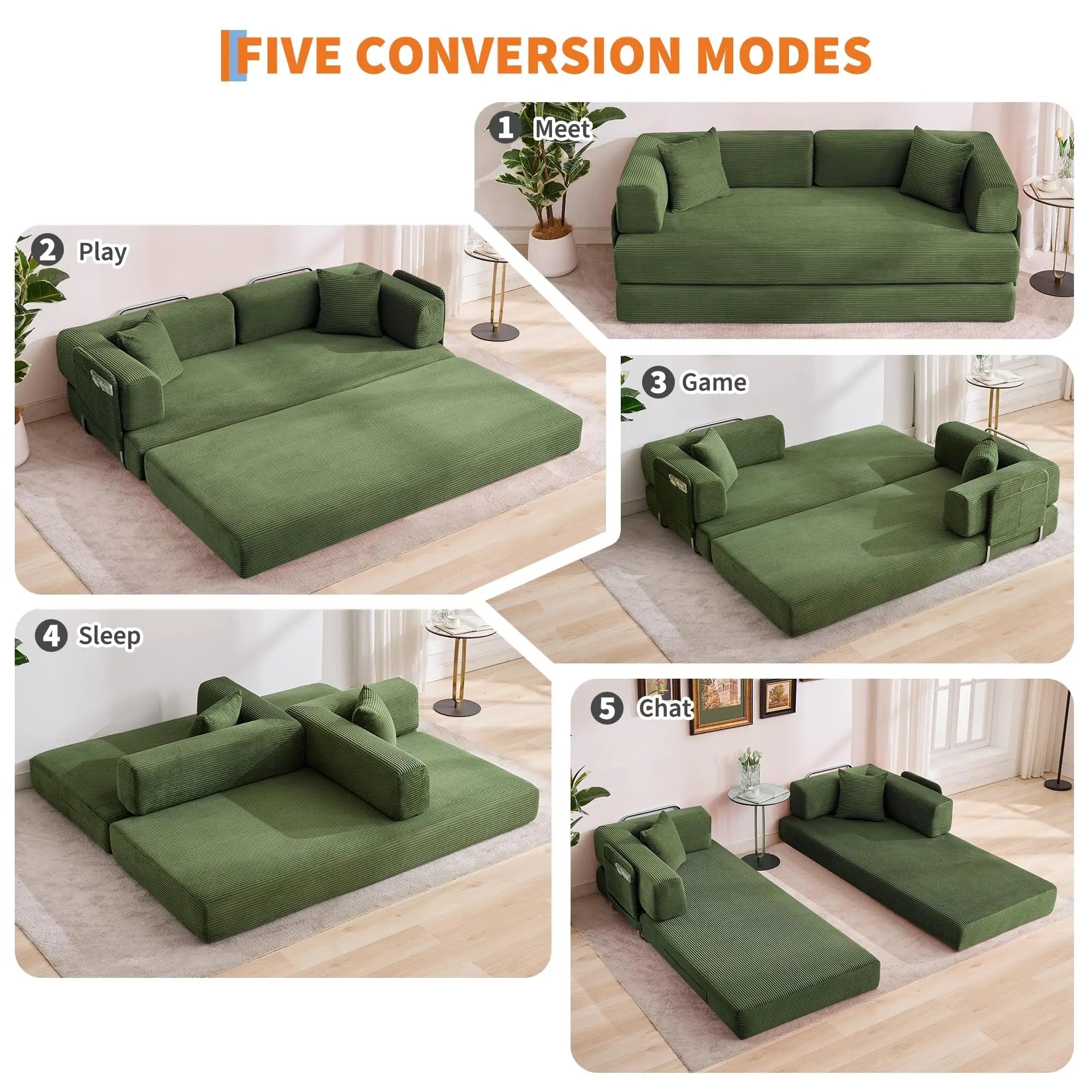 Sleeper Sofa Bed 78 8 Inch 5 In 1 Folding Mattress Couch Loveseat Fixed Shape Steel Frame Corduroy With Pillows No Assembly Floor Futon For Apartments Guest Rooms Dorms RVs