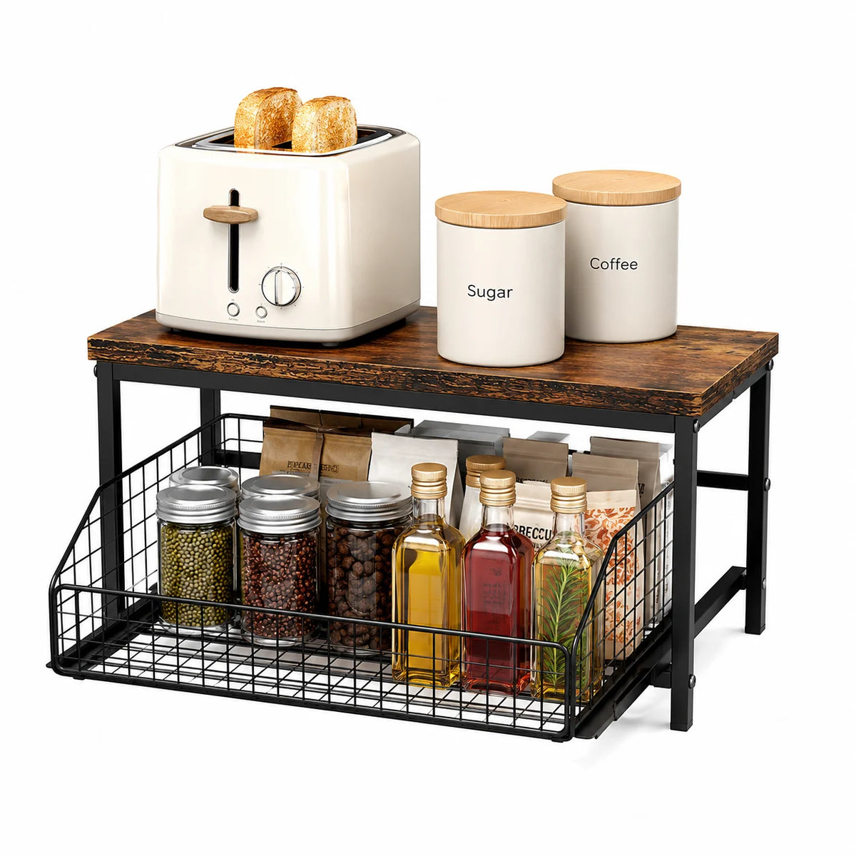 Rustic Pull-Out Countertop Organizer with Sliding Basket