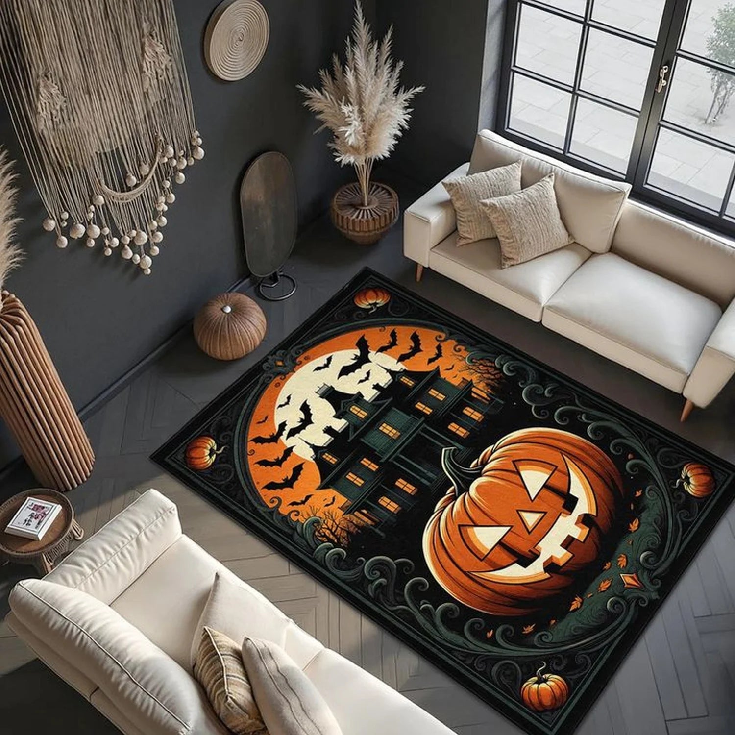 Pumpkin & Haunted House Halloween Rug – Quirky Fall Seasonal Décor