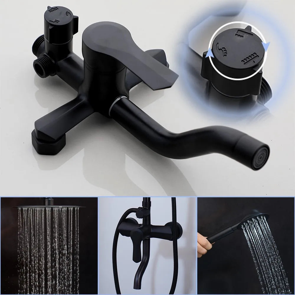 Matte Black Rainfall Shower System with Storage Shelf & Handheld Shower