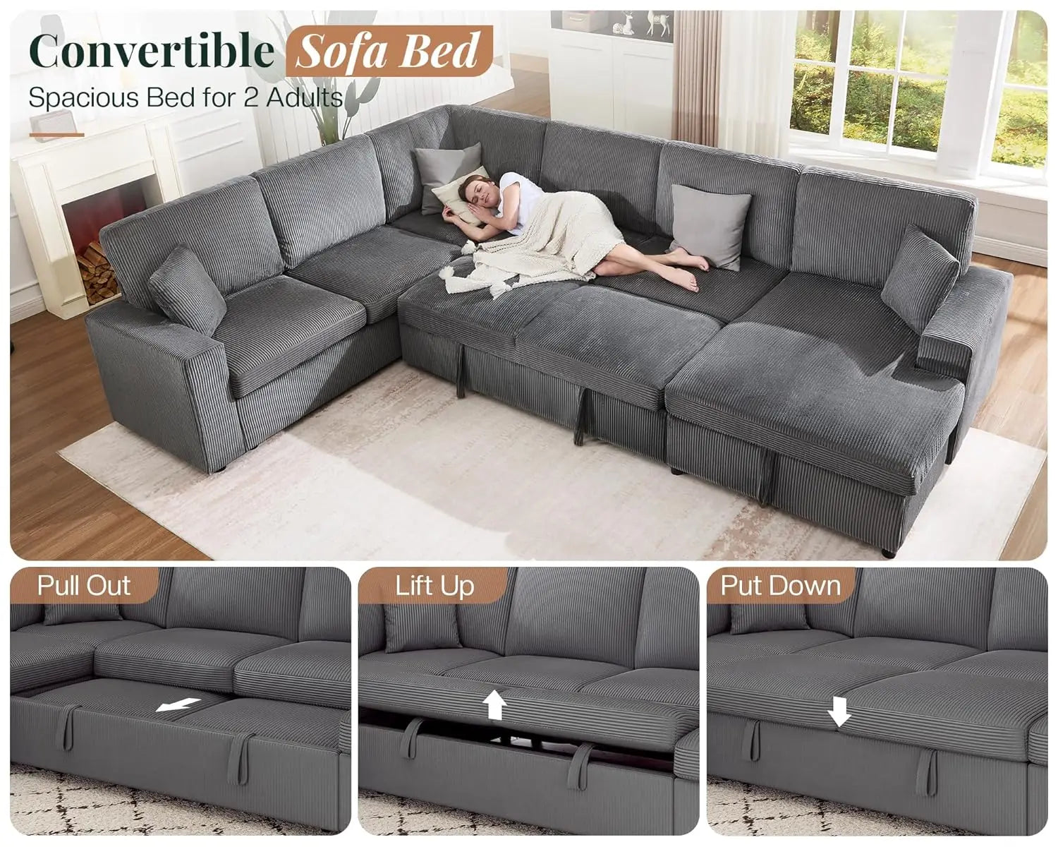 130" Sofa Bed, Sleeper Sofa, Pull Out Sleeper Couch with Storage, Convertible 6-Seater Sofa Bed for Living Room,, Customized