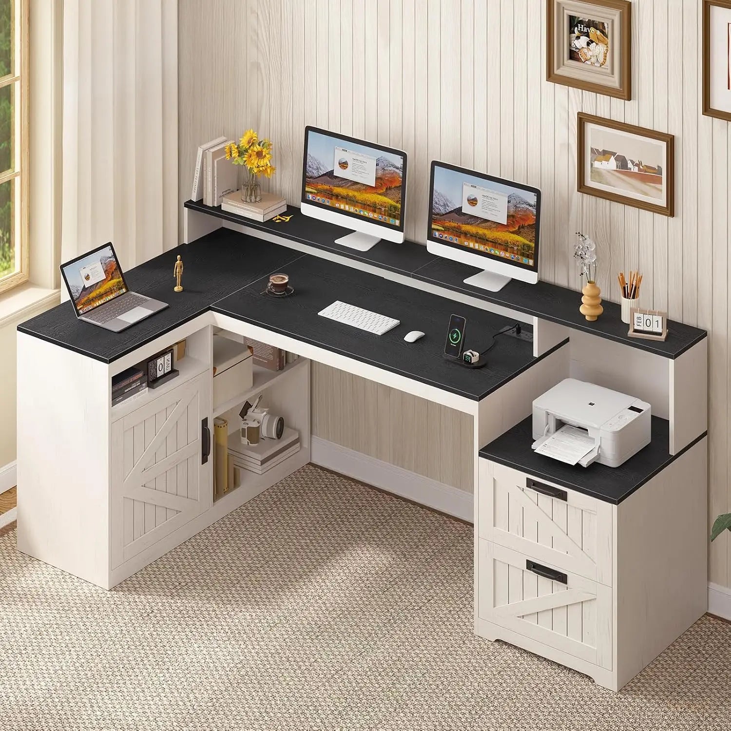 Heritage Farmhouse 62" L-Shaped Executive Desk with Storage & Power Station