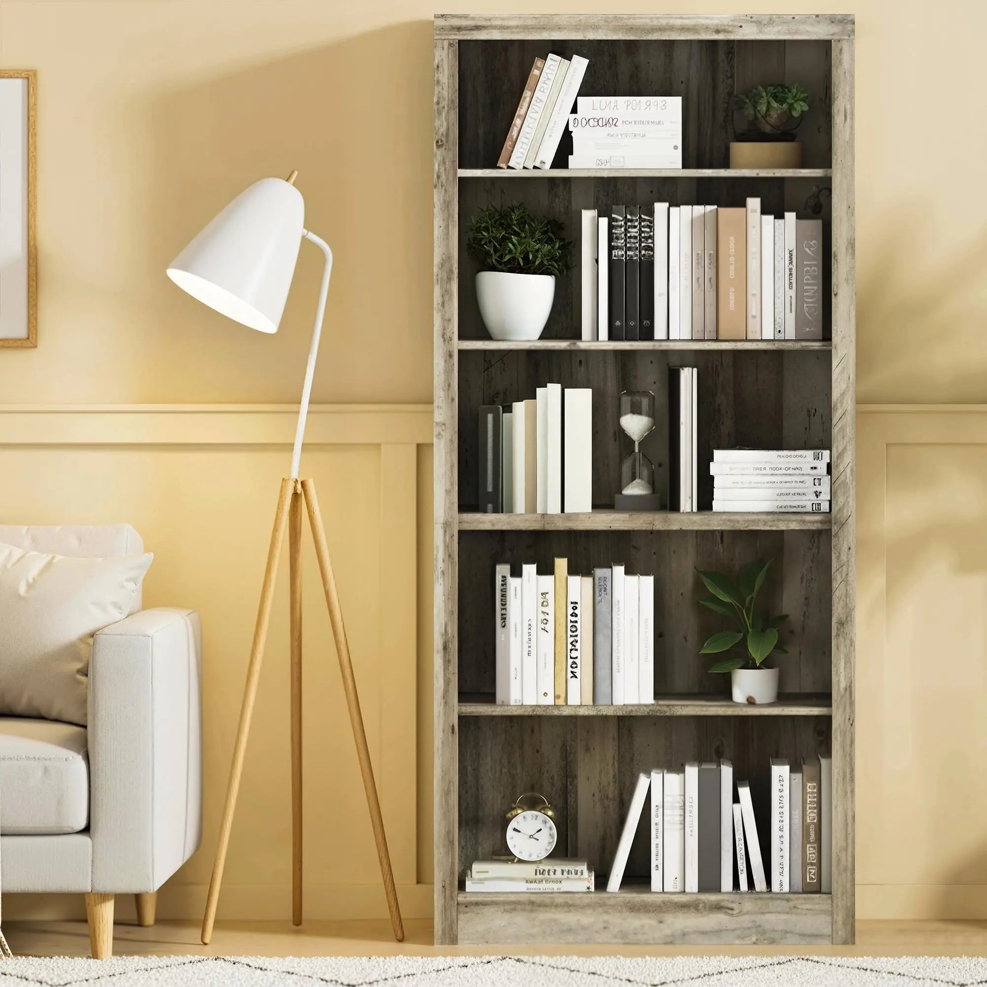 Heritage Farmhouse Bookshelf with Wicker Storage Baskets
