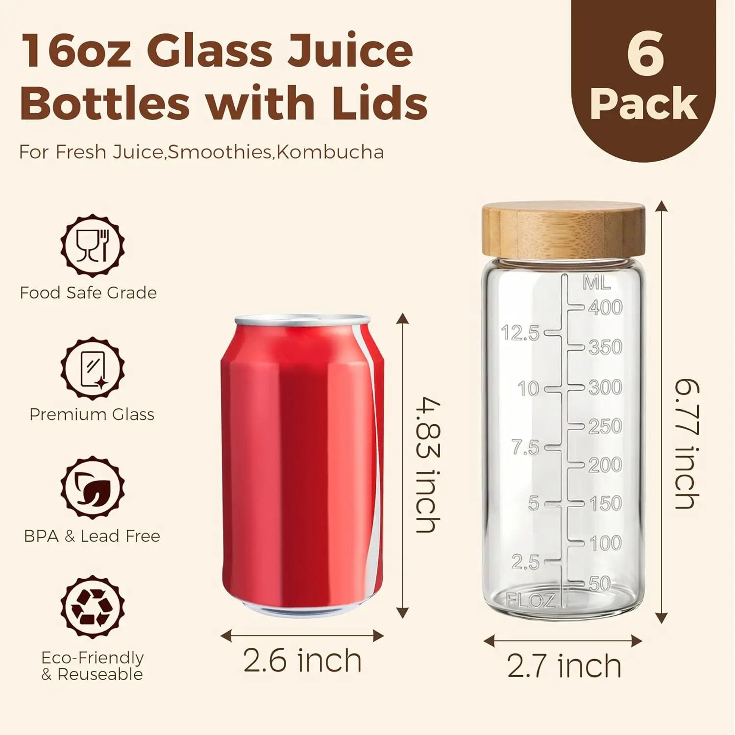 Haven Ridge Refresh Glass Juice Bottle Set with Bamboo Lids – Set of 6