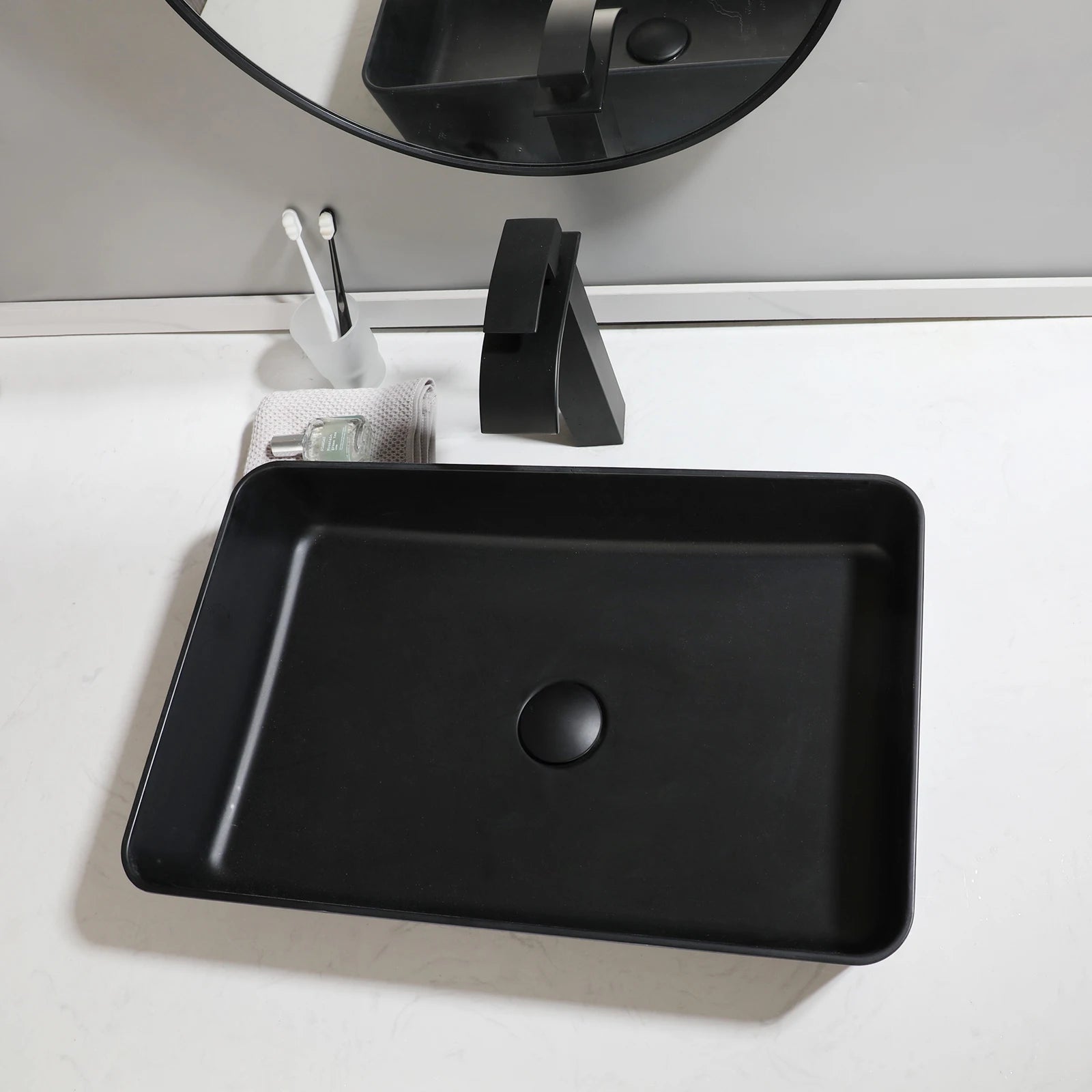 Obsidian Spa Stone Resin Vessel Sink with Waterfall Faucet Set