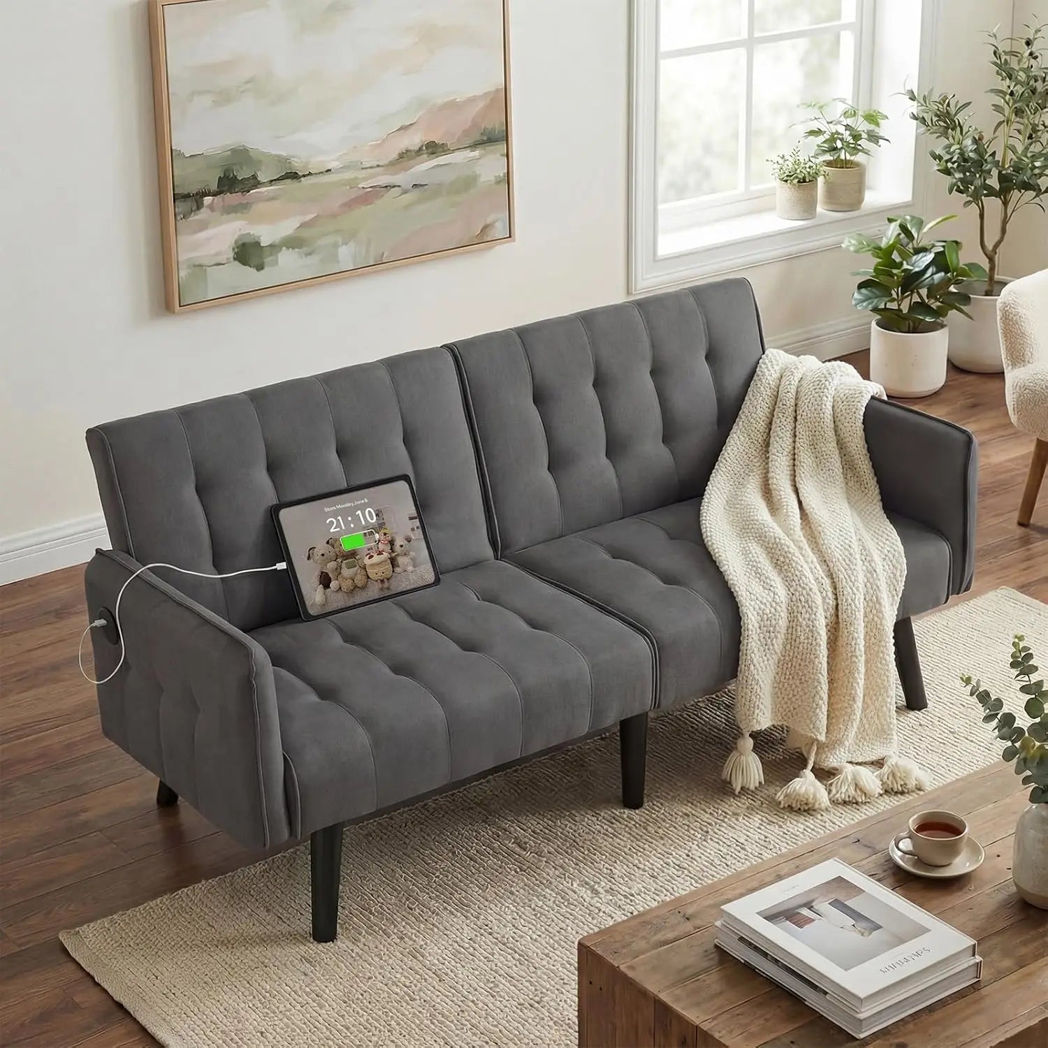 65“ Convertible Futon Sofa Bed w/ 2 USB, Upholstered Tufted Small Adjustable Folding Couch Loveseat, Modern Mid Century, Custom