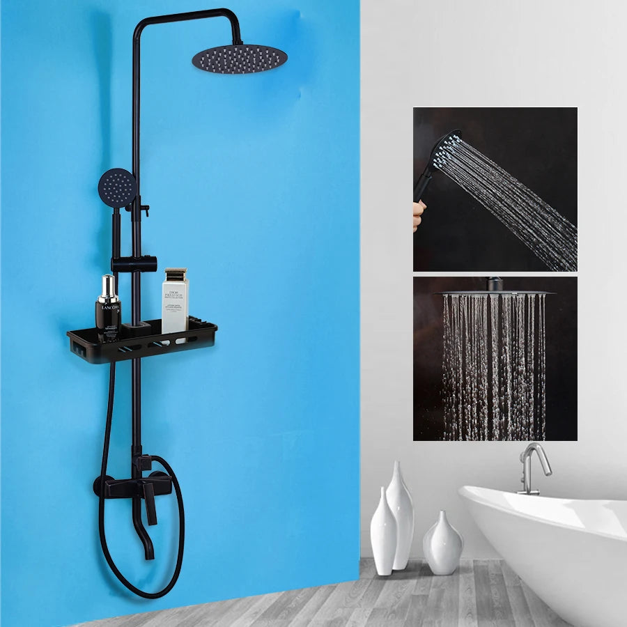 Matte Black Rainfall Shower System with Storage Shelf & Handheld Shower