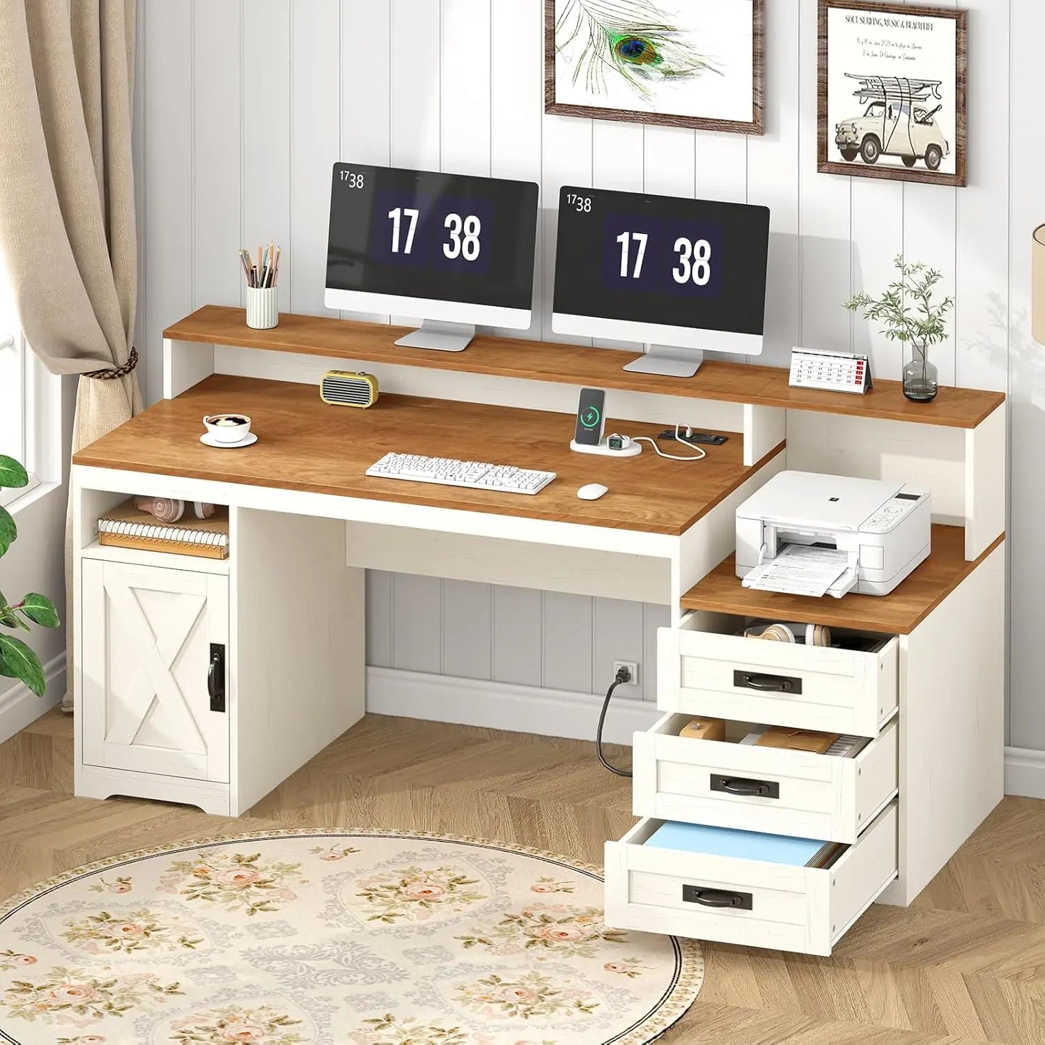 Heritage Farmhouse 65" Executive Computer Desk with Storage & Power Station