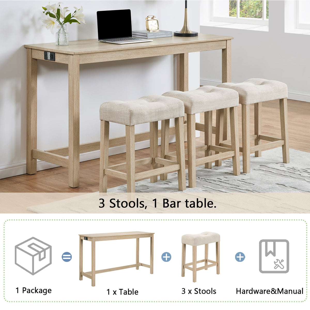 4-Piece Bar Table Set with Stools and Power Outlet, Light Oak