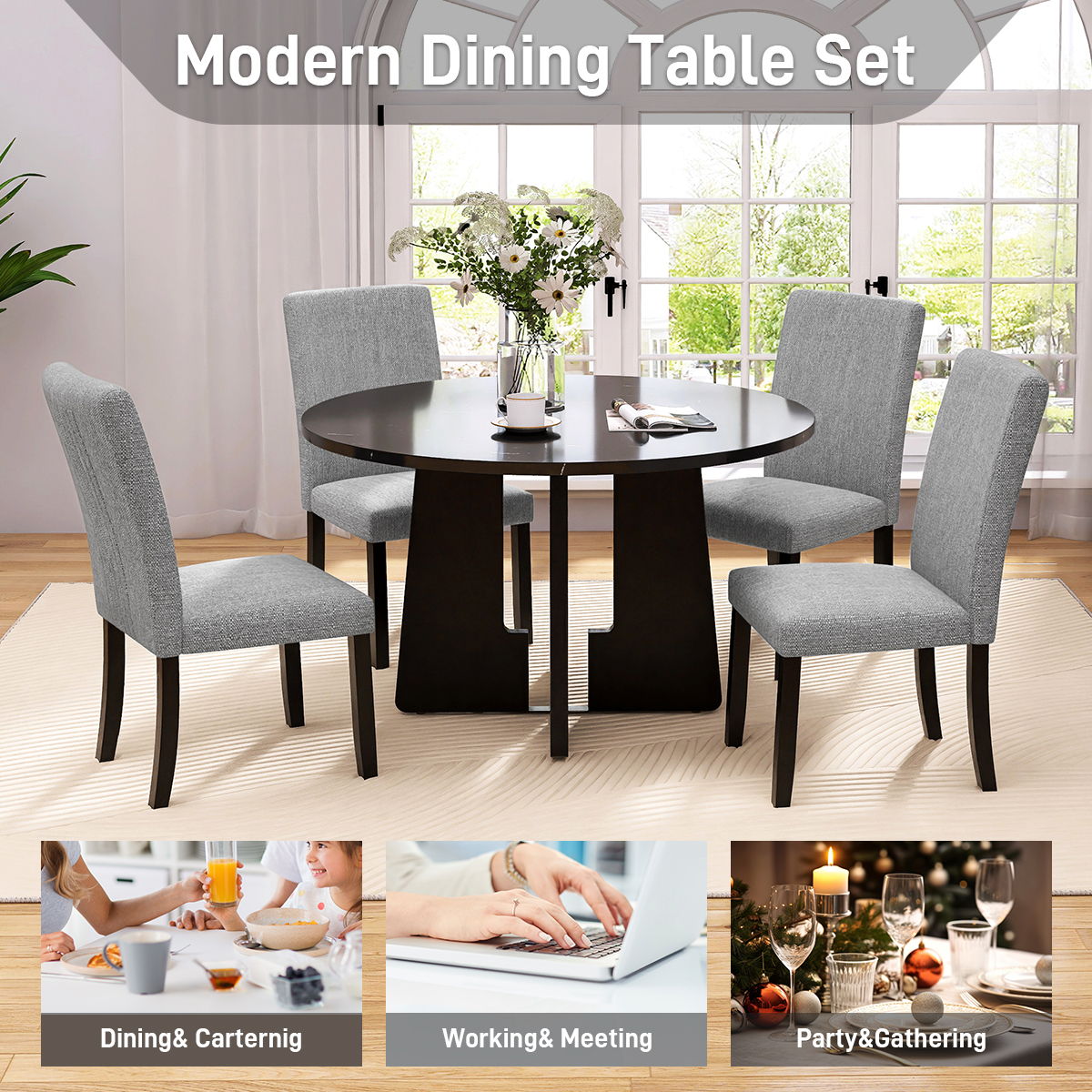 5 Piece Round Dining Table Set, Modern Table And 4 Upholstered Chairs For Dining Room