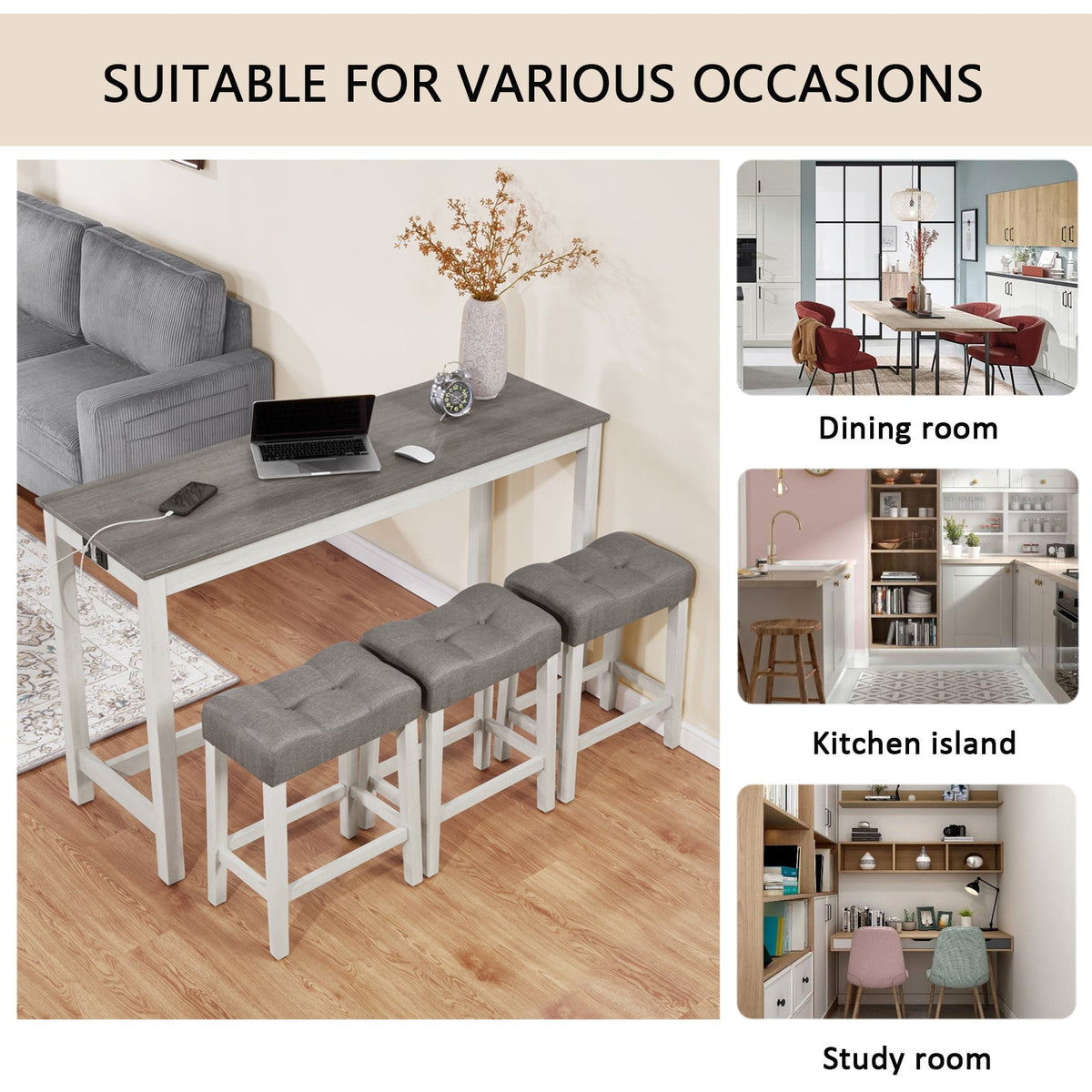 4-Piece Bar Table Set with Stools and Power Outlet, White & Grey