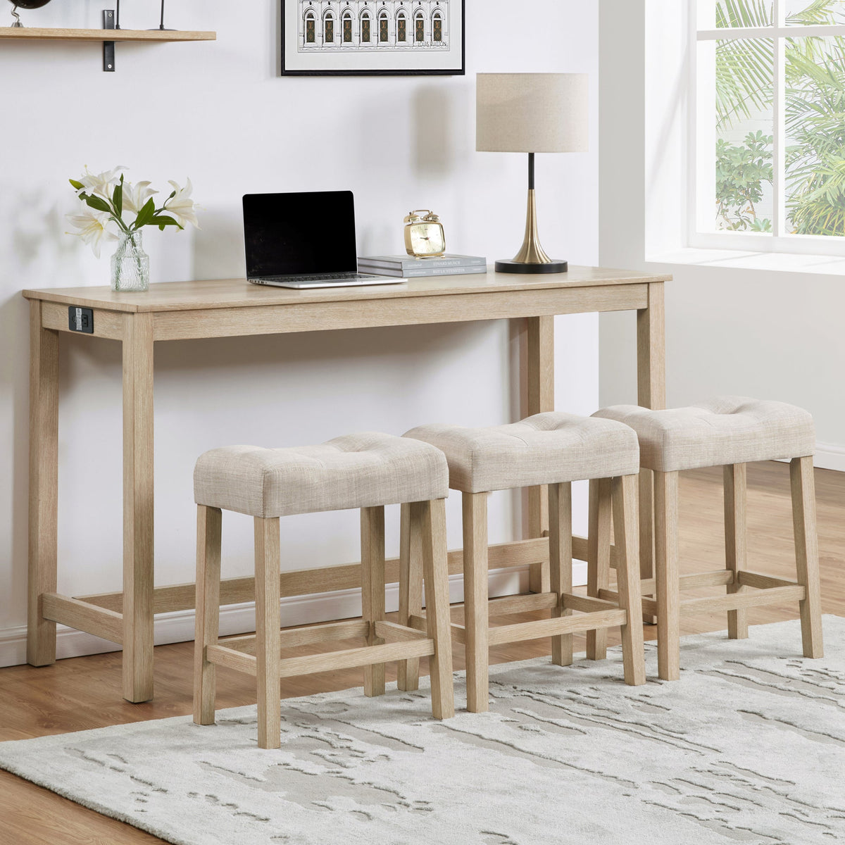 4-Piece Bar Table Set with Stools and Power Outlet, Light Oak
