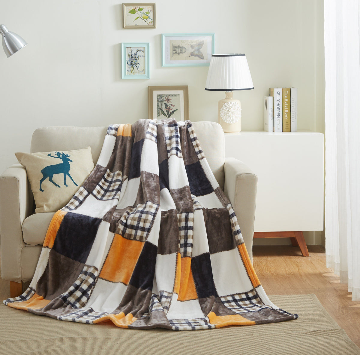 Fall Orange Plaid Patchwork Throw Blanket
