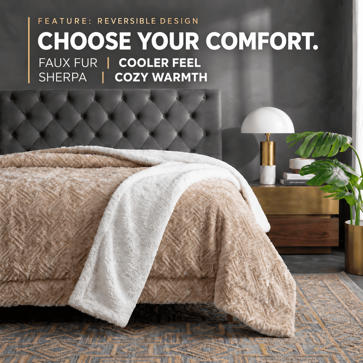 Gold Geometric Faux Fur Throw Blanket with Sherpa Back
